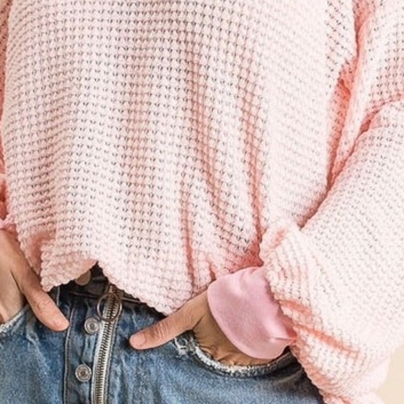 BiBi  Waffle Weave Top Cold Shoulder Pink Off-Shoulder Knit Sweater Pink - Picture 5 of 7